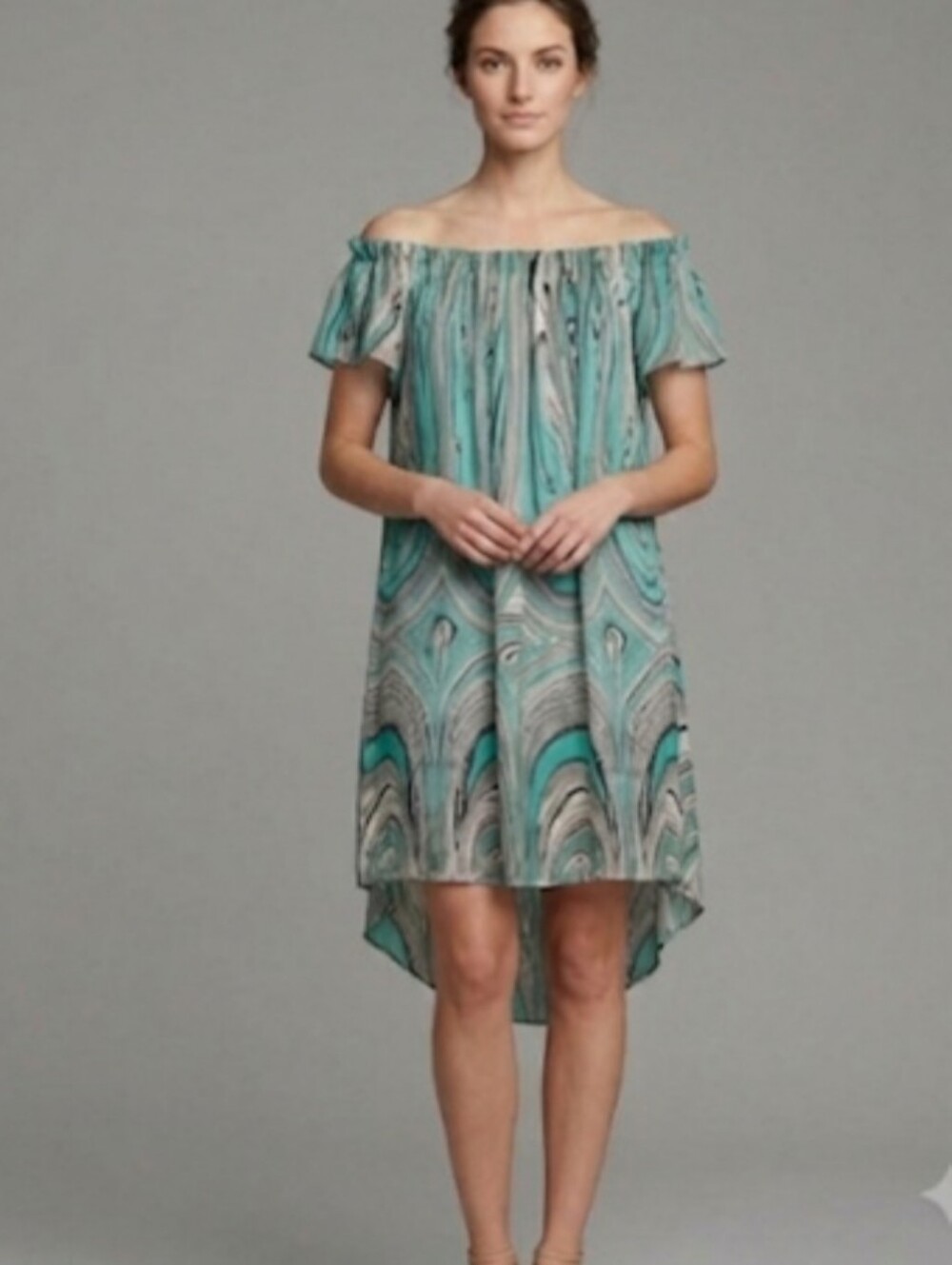 Jessica Simpson Off-Shoulder Turquoise Marble-Print Hi-Low Dress Size 8